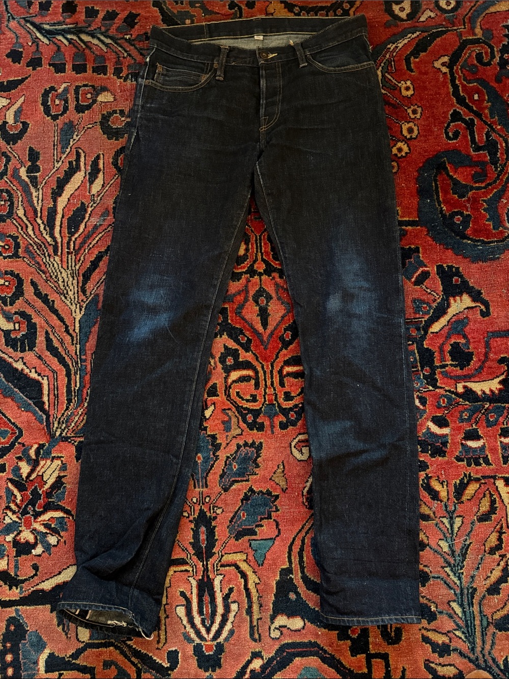 Men's Tellason Selvedge Slim Straight Jeans in Dark Blue Wash
